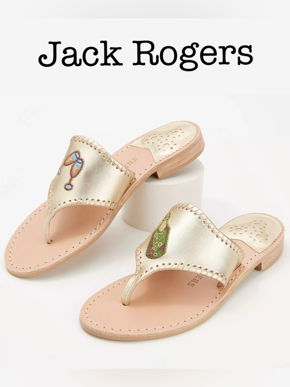 Jack Rogers Bubbly Champagne Metallic Gold Embroidered Thong Sandals Size 7.5